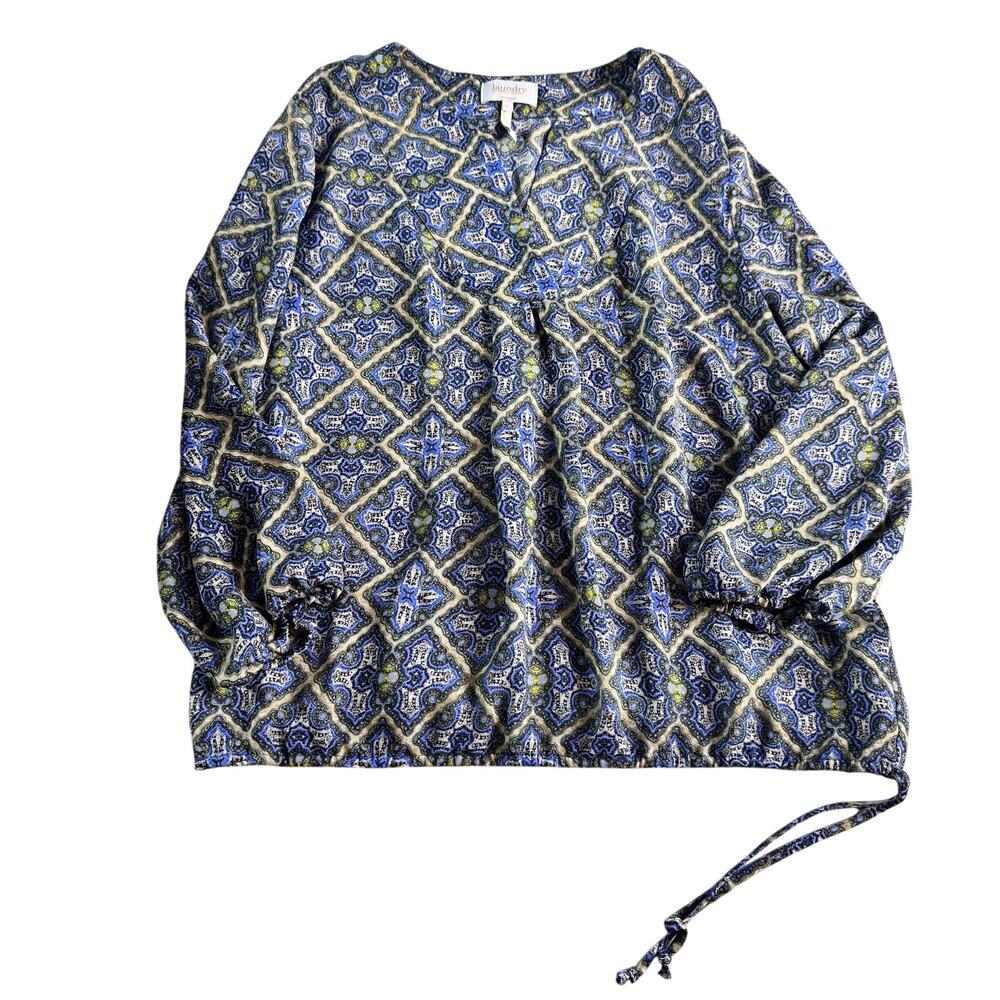Laundry by Shelli Segal Blue Geometric Boho Blouse Side Tie Waist Top Large